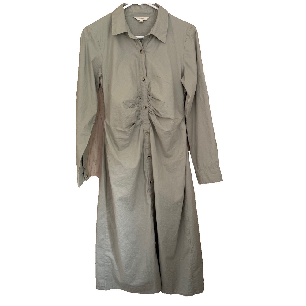 Sim & Sam Cotton Button Down Midi Dress Sz L Ruched Front Sage Green Cottagecore
